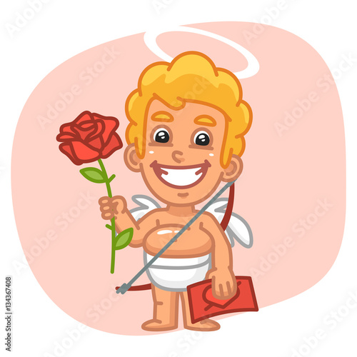 Cupid Holding Valentine Card and Large Rose
