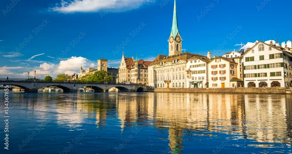 Historic Zurich city with famous Grossmunster Church, Limmat river and Zurich lake, Switzerland