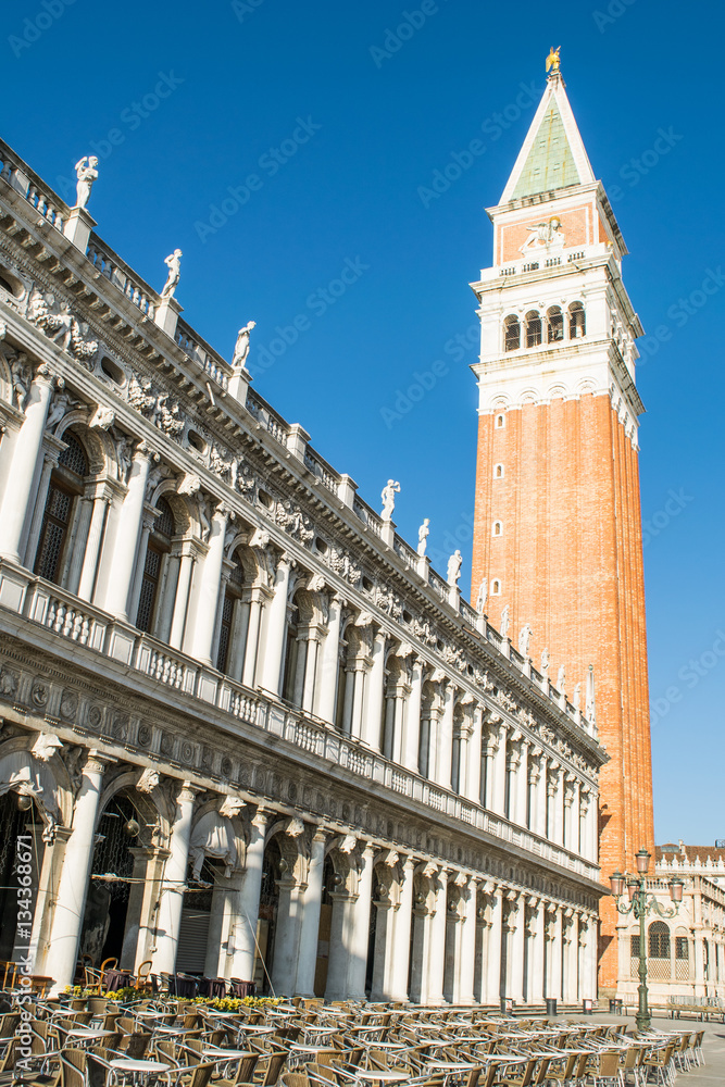 The bell tower of St. Mark,Venice,Italy,20 January 2017,view of St. Mark's Square, a view of the bell tower of St. Mark's in Venice lagoon