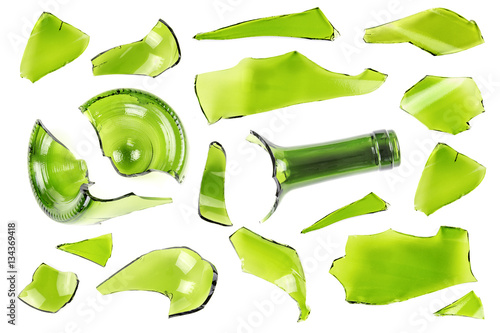 Top view of broken green wine bottle piece isolated on white background