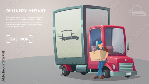 Delivery service. Employee of service delivery in retro truck delivers cargo to destination. Vector illustration