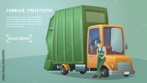 Garbage collection service. Employee of service Garbage collection in retro truck collects garbage. Vector illustration