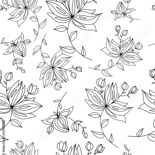 Seamless pattern graphic flowers. Coloring floral illustration. Nature Vector background. Wrapping paper.