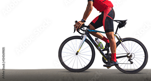 Man on a bicycle on a road on white background