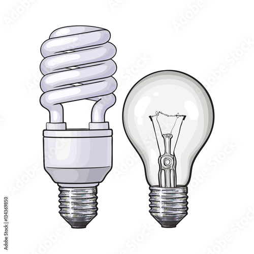 Modern fluorescent, energy saving and traditional tangsten light bulb, sketch style vector illustration isolated on white background. Realistic hand drawing of fluorescent and tungsten light bulbs