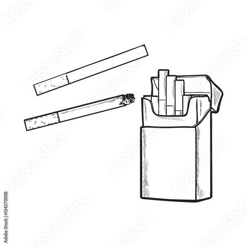Unlabeled standing open pack of cigarettes, sketch vector illustration isolated on white background. Realistic hand-drawing of open unlabeled pack with unlit cigarettes