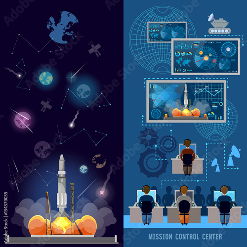 Space mission control center banner, start rocket in space