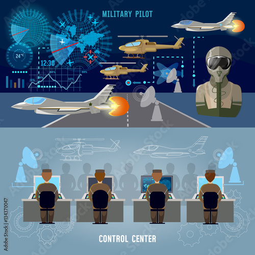 Modern military center banner. Military plane, helicopter