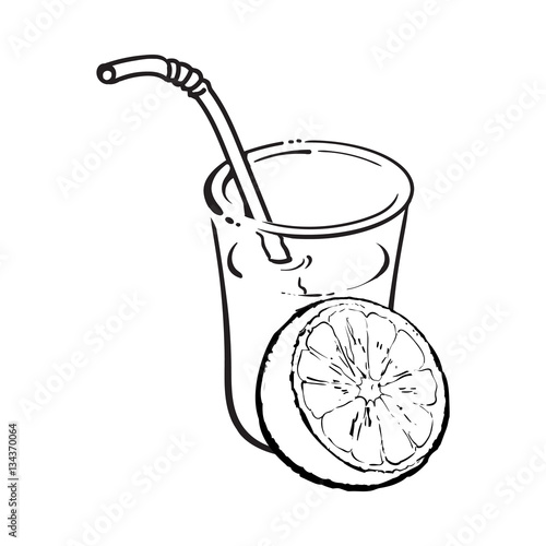 Glass of freshly squeezed juice with half of orange, sketch vector illustration isolated on white background. Hand drawing of orange and juice, design element for packaging and promo materials