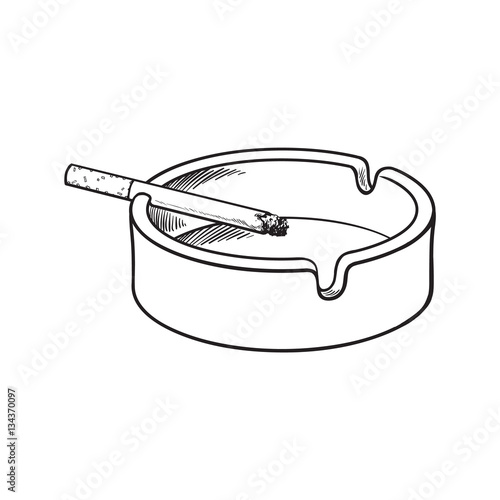 White clean and empty ceramic ashtray with a single lit cigarette, sketch vector illustration isolated on white background. Realistic hand-drawing of simple white ash tray with a burning cigarette