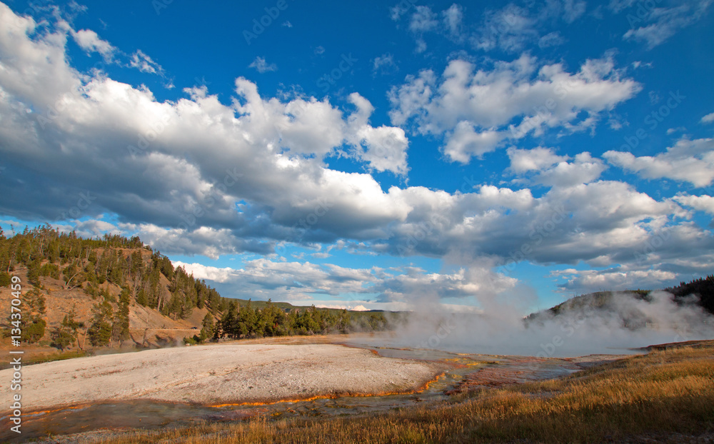 Excelsior Geyser next to the Firehole River in Yellowstone National Park in Wyoming USA