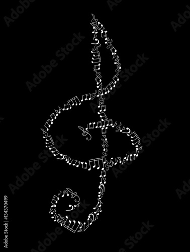 Musical vector illustration with violin clef made of notes