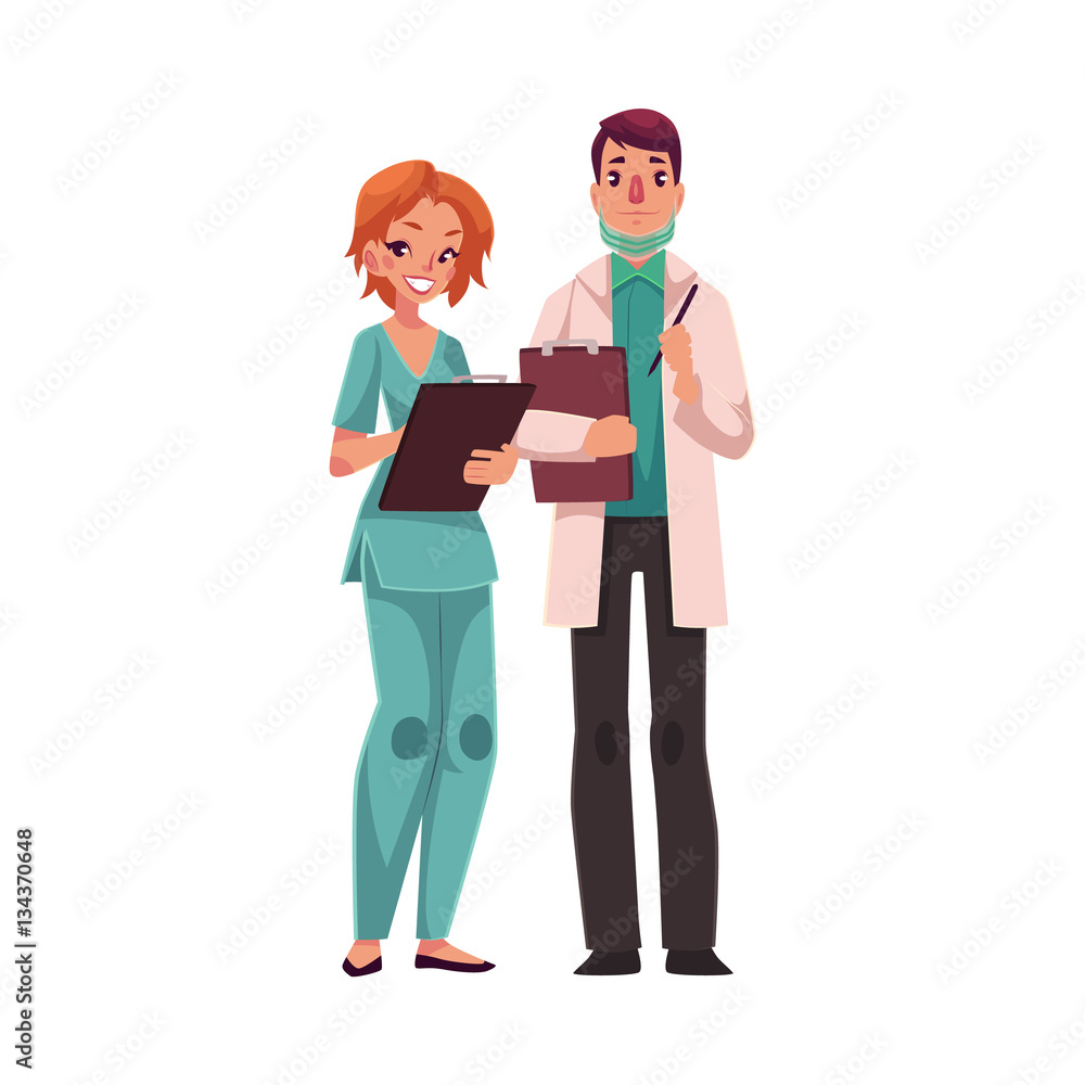 Male doctor in medical mask and female nurse in blue uniform holding clipboards, cartoon vector illustration isolated on white background. Male doctor and female nurse, health care professionals Male doctor in medical mask and female nurse in blue uniform holding clipboards, cartoon vector illustration isolated on white background. Male doctor and female nurse, health care professionals