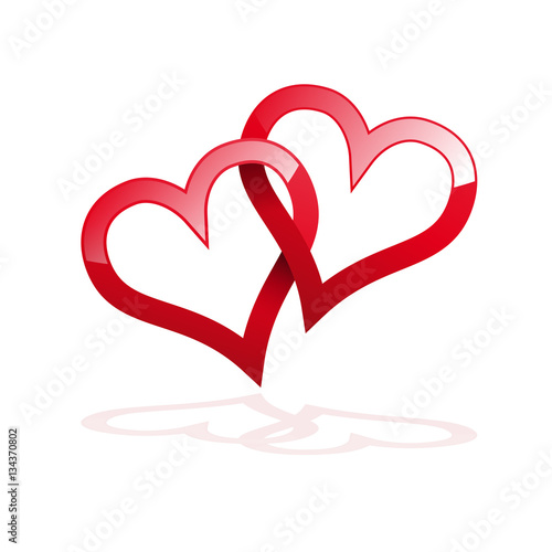 Vector two twisted red hearts, tied together. Concept of eternal