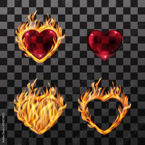 Vector illustration. Set of icons of a burning heart, red, transparent glass heart in a frame of fire. Design for cards, invitations, business cards, banner for Valentine's day, wedding
