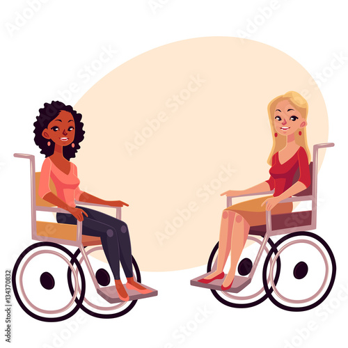 Young black and caucasian women in wheelchairs, cartoon vector illustration on background with place for text. African whitew omen in wheelchairs, living with disability, equal opportunities concept