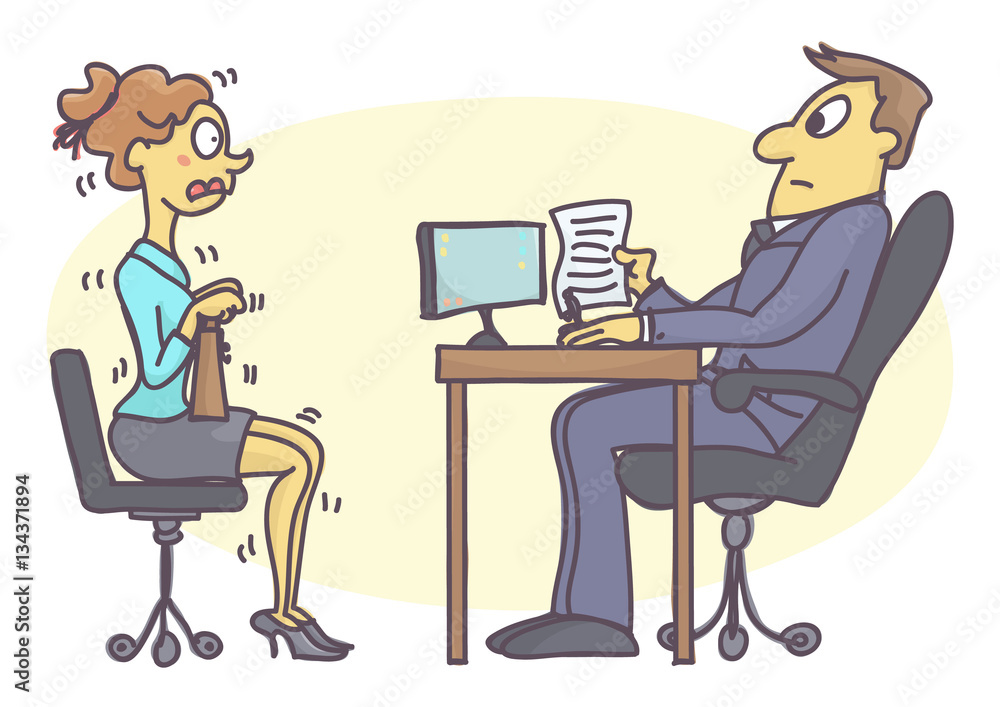 Young woman numbed with fear at job interview. Funny vector cartoon with  intern girl scared of talking to personnel manager. Stock Vector | Adobe  Stock