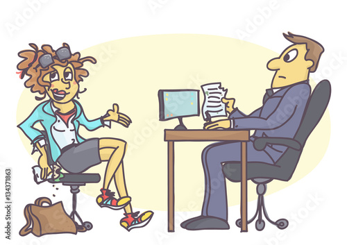 Cartoon illustration with sloppy young woman on job interview, eating sandwich, wearing dirty and wrinkled clothing, behaving rude and unprofessional.