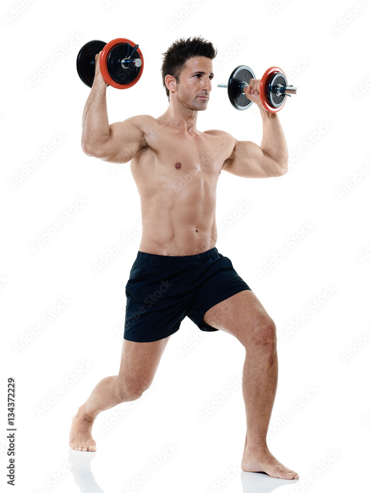 one caucasian man exercising fitness weights exercices isolated on white background one caucasian man exercising fitness weights exercices isolated on white background