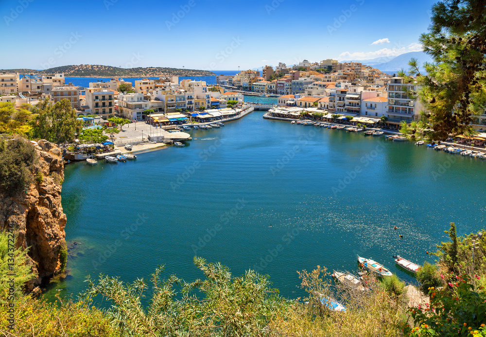 Agios Nikolaos and Voulismeni lake in Crete island, Greece. Agios Nikolaos, Crete island.