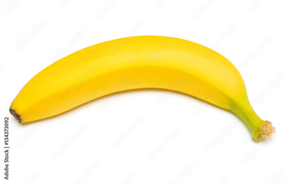 Single banana against white background. Isolated. Flat lay, top