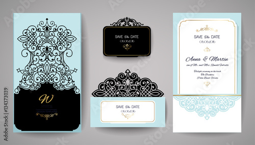 Wedding invitation or greeting card with gold floral ornament. Wedding invitation envelope for laser cutting. Vector illustration.