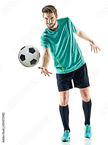 one caucasian soccer player man standing holding football isolated on white background