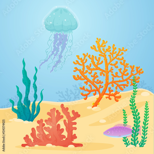 Comic coral rift with jellyfish and fish