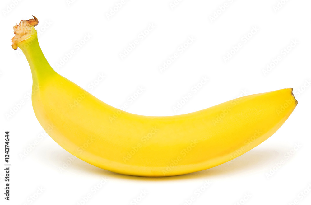 Single banana against white background. Isolated. Flat lay, top