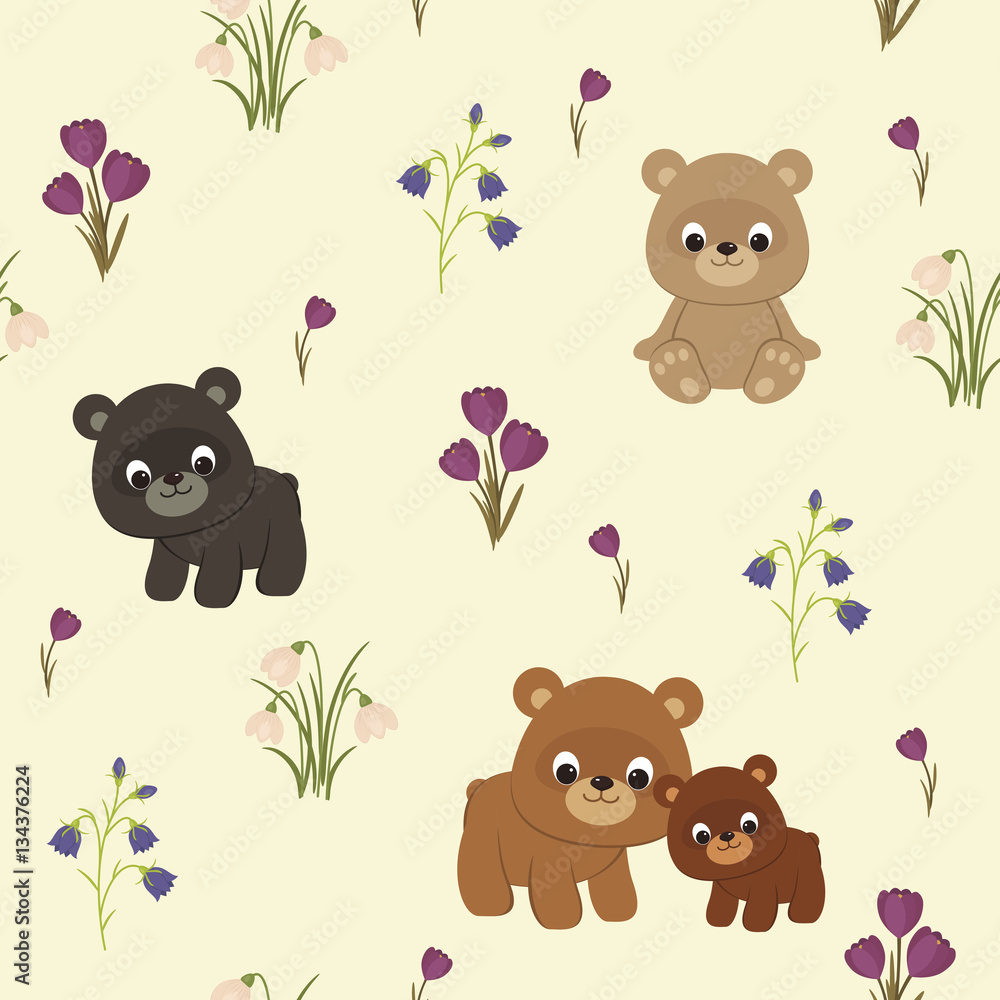 Spring seamless pattern with bears