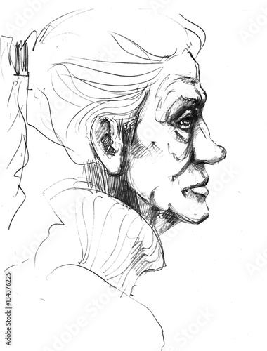 Hand-drawn picture. Pencil technique. Face of an old woman.