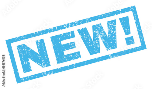 New! text rubber seal stamp watermark. Caption inside rectangular shape with grunge design and scratched texture. Inclined vector blue ink sign on a white background.