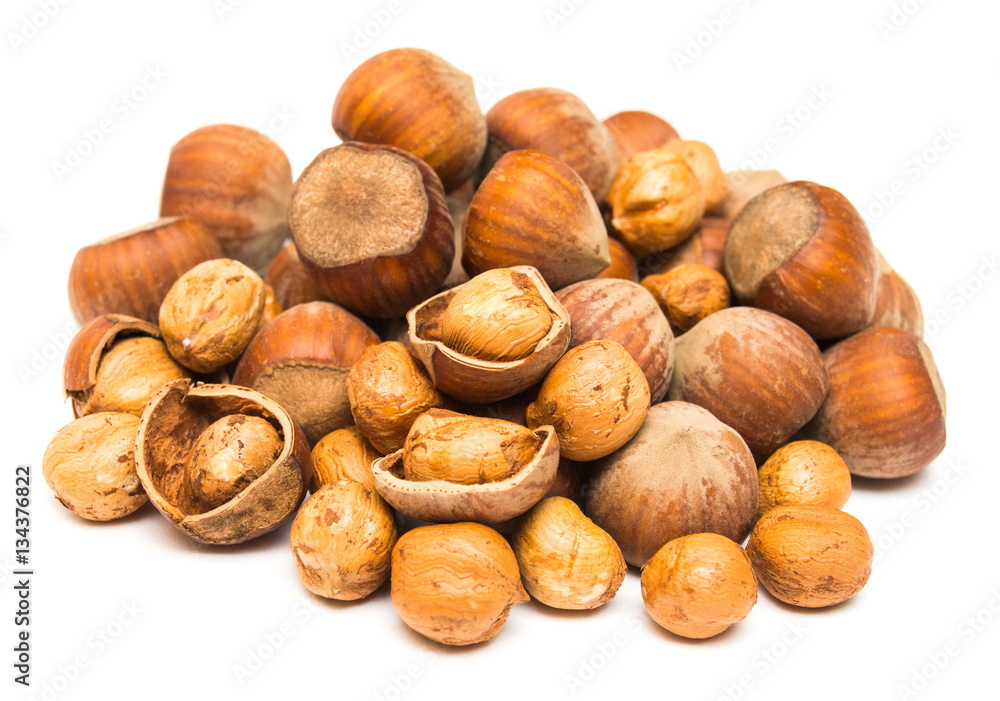 Hazelnut isolated on a white background. Nuts. Flat lay, top vie Hazelnut isolated on a white background. Nuts. Flat lay, top vie