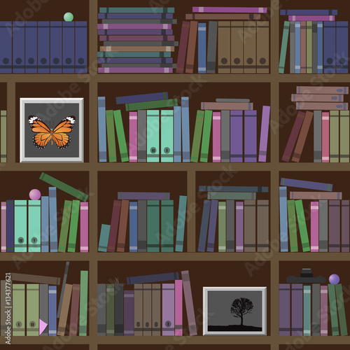 Bookshelves. A lot of interesting books. Vector illustration