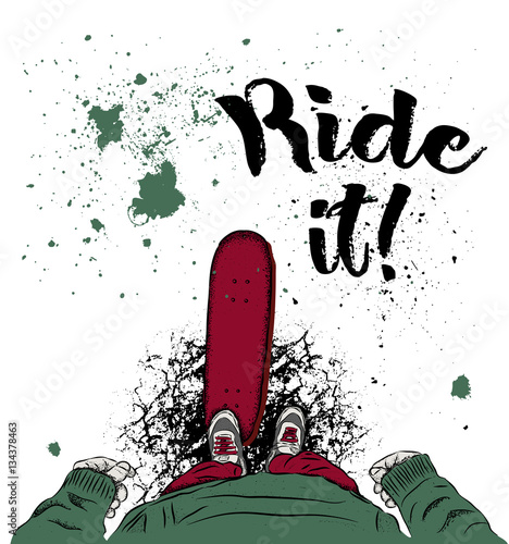 Skateboarder on a skateboard. Grunge background with blots. Vector illustration