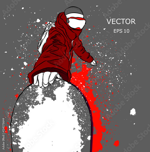 Snowboarder with a snowboard. Grunge background with blots. Vector illustration