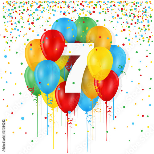 HAPPY 7th BIRTHDAY / ANNIVERSARY card with bunch of multicoloured balloons