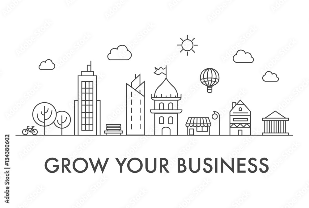 Grow your business poster with city sign on white.