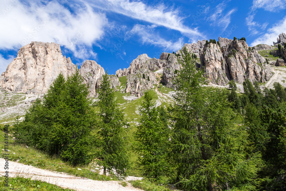 View of the Roda di Vaèl (Rosengarten group) in the Italian Dolomites View of the Roda di Vaèl (Rosengarten group) in the Italian Dolomites