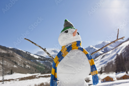 Snowman wearing s striped scarf an knitted hat in a wintry landscape. photo
