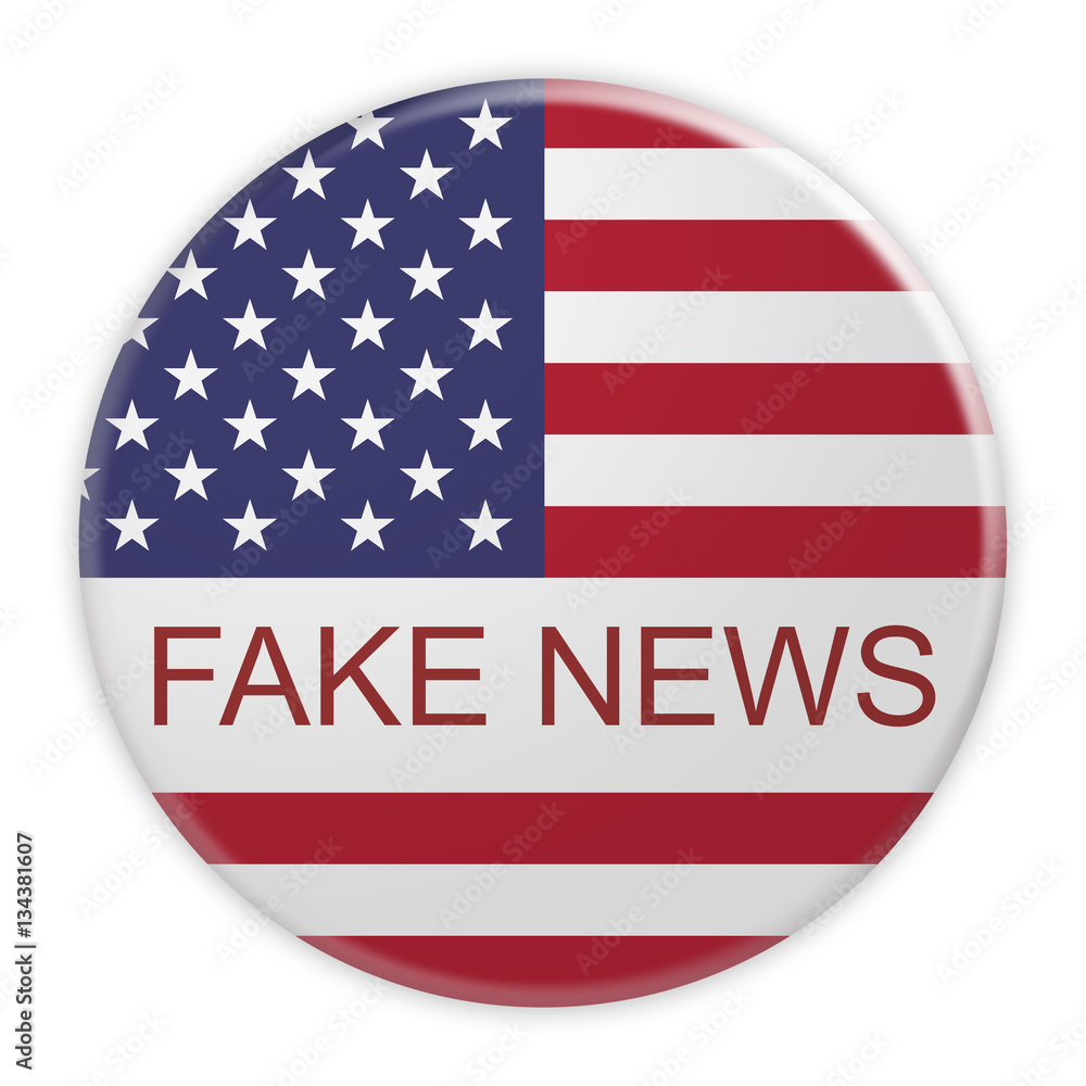 USA Media Concept Badge: Fake News Button With US Flag, 3d illustration on white background USA Media Concept Badge: Fake News Button With US Flag, 3d illustration on white background