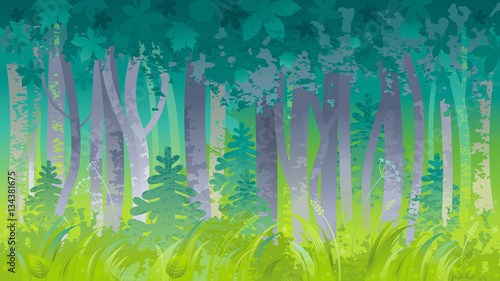 Spring summer forest landscape background. Nature - tree, bush, grass, plant, leaves. Green springtime natural pattern. Grunge vector illustration. Summertime Abstract design template poster, banner