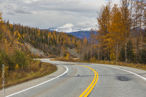 Driving on the road in Kenai, colors of fall, Alaska, USA.