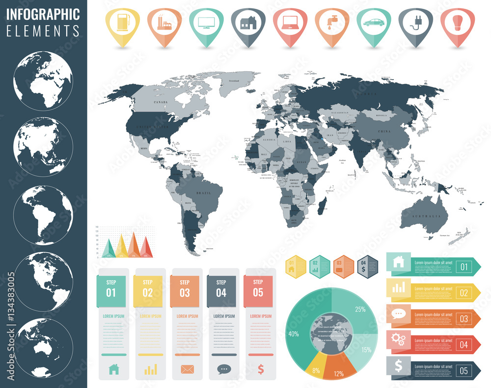 Infographic Elements Set. World map, markers, charts and other elements. Business infographic. Vector