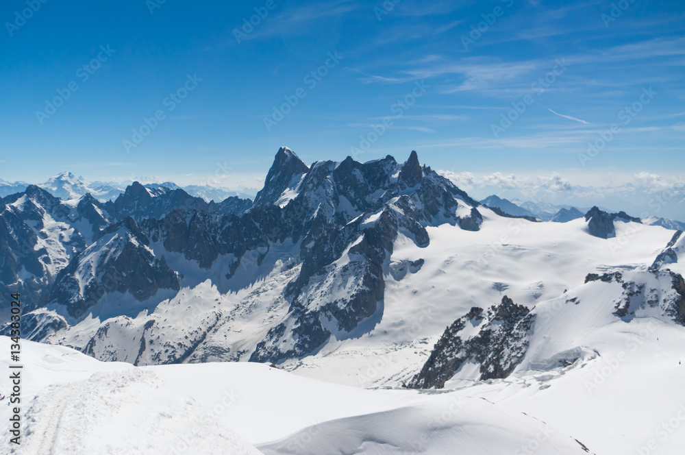 The peak on the Montblanc mountains in summer, full of snow