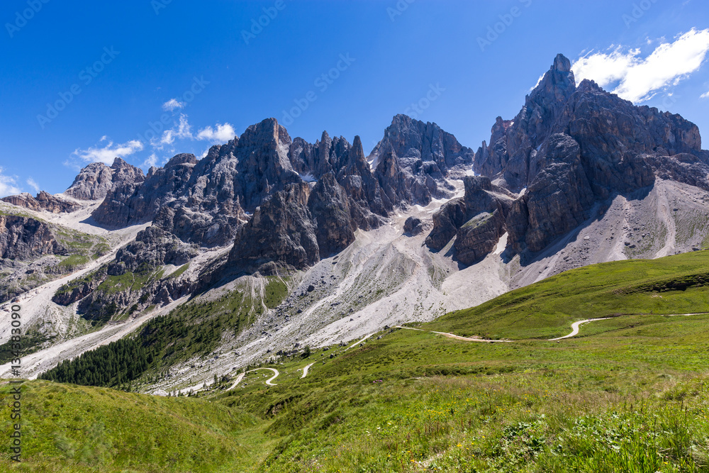 View of Pale di San Martino, Italian Dolomites in Trentino