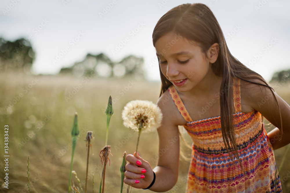 Smiling young girl picking a dandelion seed head in a grassy meadow.