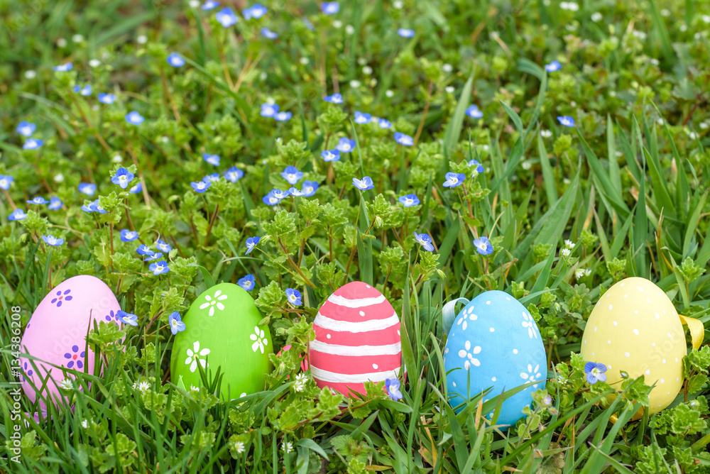 colorful Easter egg in the fresh spring meadow