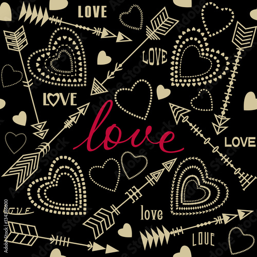 Background or seamless pattern with delicate arrows, hearts and inscriptions of love for use in cards, posters, invitations in Valentine's Day. Vintage style.