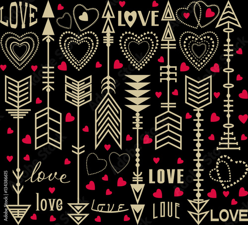 Background or seamless pattern with delicate arrows, hearts and inscriptions of love for use in cards, posters, invitations in Valentine's Day. Vintage style.